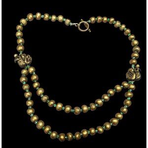 Handmade Polymer Clay Beaded Gold Tone And Green Necklace With Bird Accents